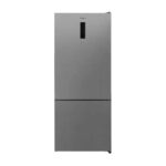 a silver refrigerator with a black handle