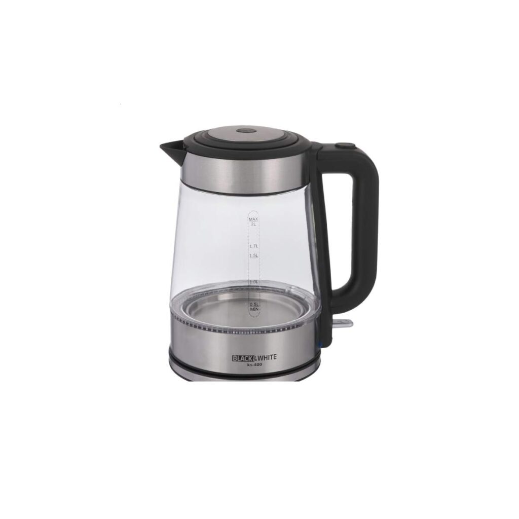 Black & White Kettle 2 Liters 2200 Watt Glass Silver KS-400