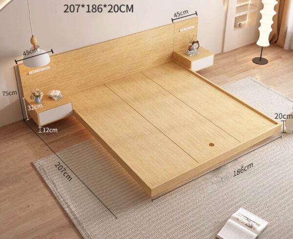 Floating Bed with Red Beech Wood Core, Built-in Nightstand, Hidden Base, LED Lighting & USB Port