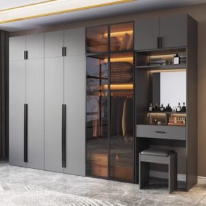 Arogia Wardrobe With Dressing Table - 320 Cm Wide , MDF Malaysian Panels, Double Glass Doors,Large Storage