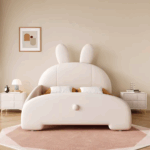 Panda Upholstered Baby Bed, Red Beech Wood + Natural Finish