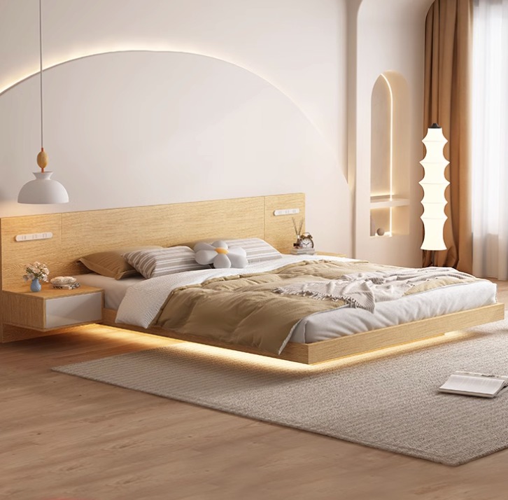 Floating Bed with Red Beech Wood Core, Built-in Nightstand, Hidden Base, LED Lighting & USB Port