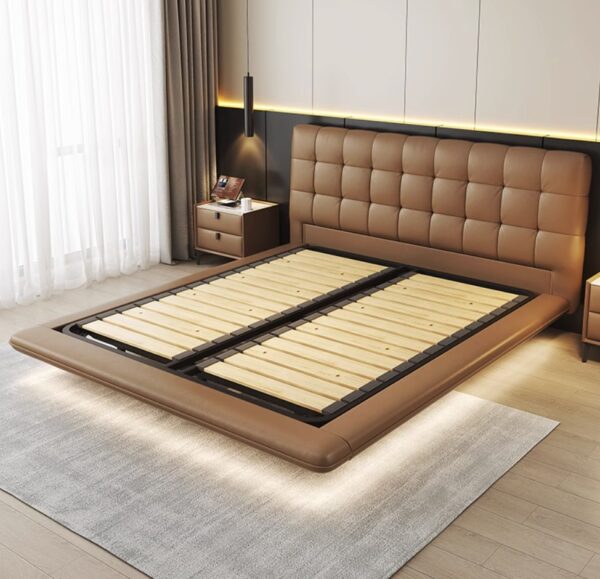 Floating Bed With Italian Nappa Leather Upholstery 160×195 cm Mattress Size Hidden Base Design