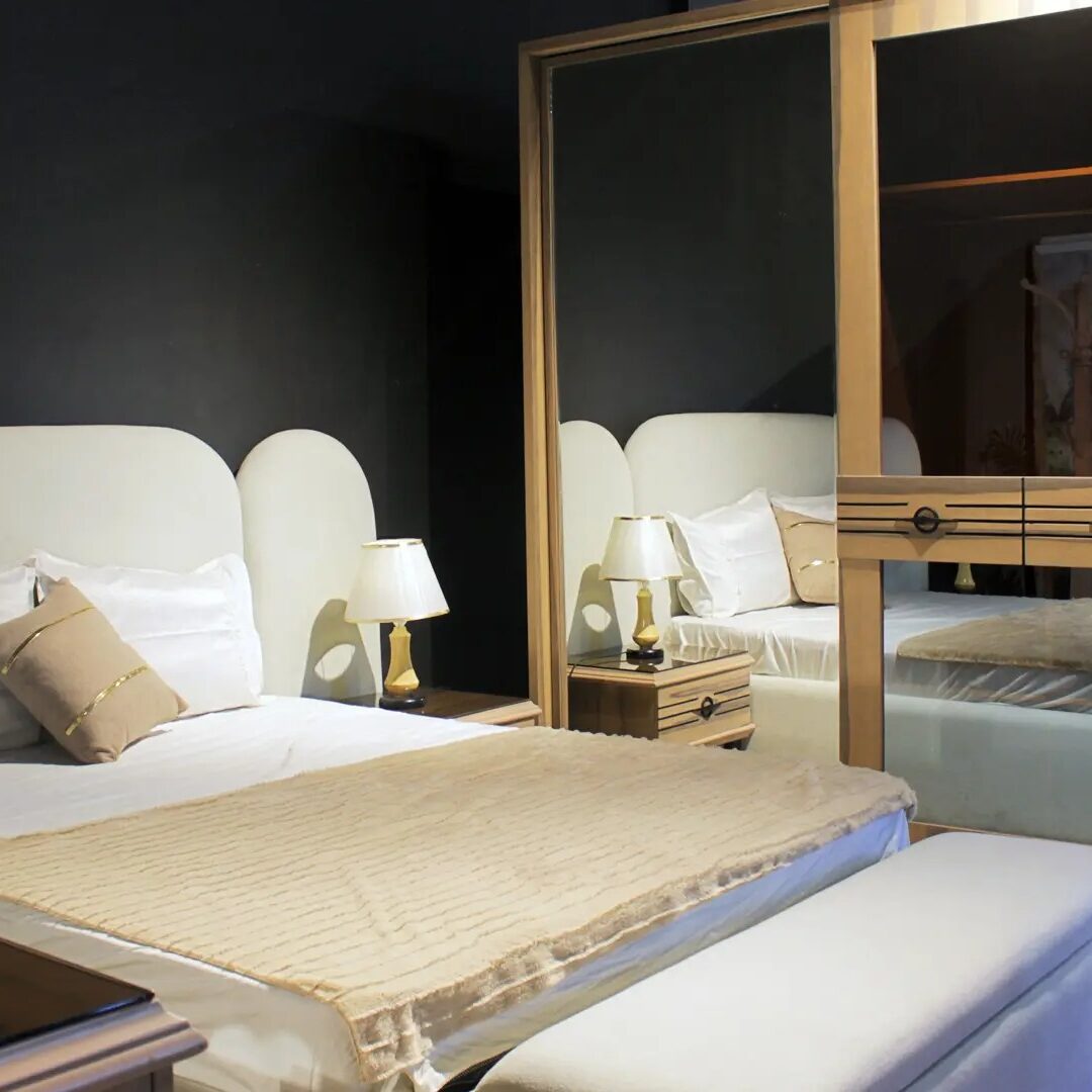 Fluffy Complete Bedroom Set (Large Bed + 2 Nightstands + Large Wardrobe + Dressing Table with Pouf)
