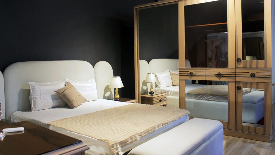 Fluffy Complete Bedroom Set (Large Bed + 2 Nightstands + Large Wardrobe + Dressing Table with Pouf)