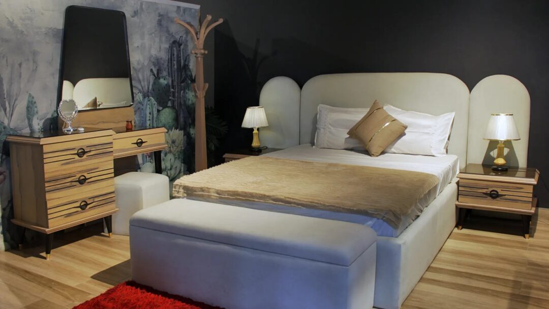 Fluffy Complete Bedroom Set (Large Bed + 2 Nightstands + Large Wardrobe + Dressing Table with Pouf)