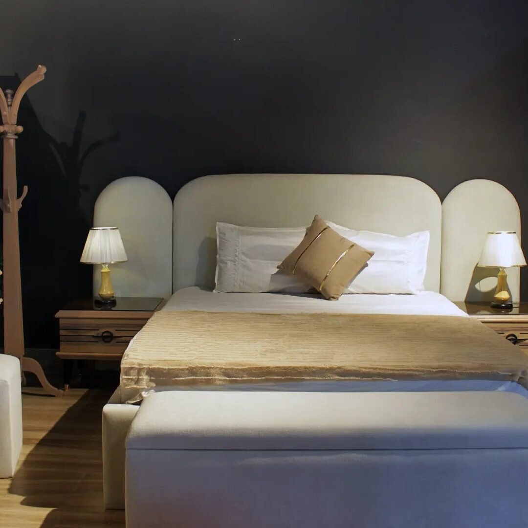 Fluffy Complete Bedroom Set (Large Bed + 2 Nightstands + Large Wardrobe + Dressing Table with Pouf)