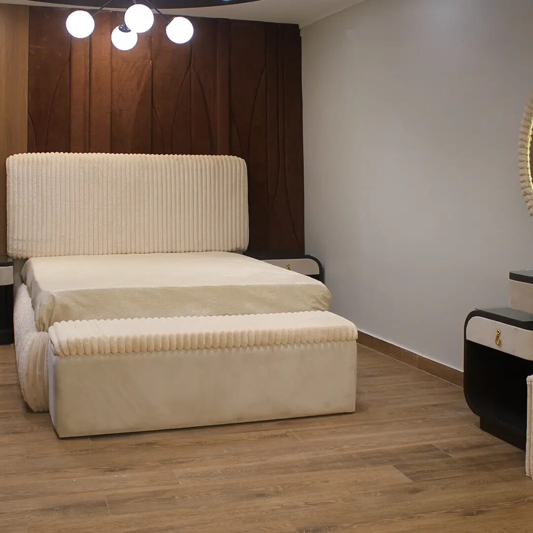 Emilia Complete Bedroom Set (Bed with Bench + 2 Nightstands + Dressing Table with Pouf + Large Wardrobe)