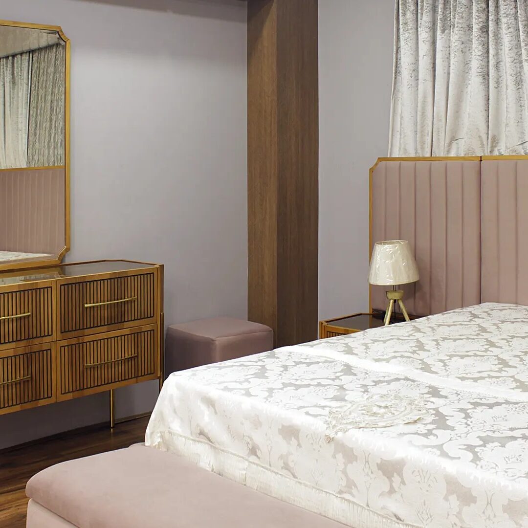 Royal Complete Bedroom Set (Bed with Bench + 2 Nightstands + Large Wardrobe + Dressing Table with Pouf)