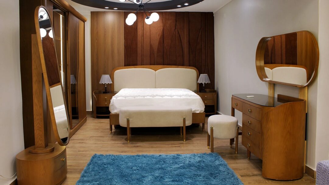Circle Complete Bedroom Set (Bed with Bench + 2 Nightstands + Large Sliding Wardrobe + Dressing Table with Pouf + Hanger or Full-Length Mirror)