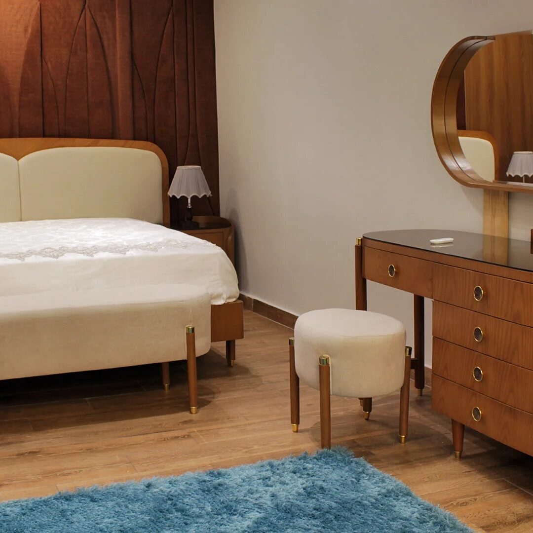 Circle Complete Bedroom Set (Bed with Bench + 2 Nightstands + Large Sliding Wardrobe + Dressing Table with Pouf + Hanger or Full-Length Mirror)