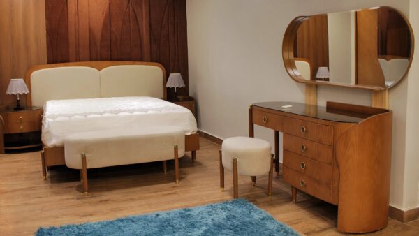 Circle Complete Bedroom Set (Bed with Bench + 2 Nightstands + Large Sliding Wardrobe + Dressing Table with Pouf + Hanger or Full-Length Mirror)