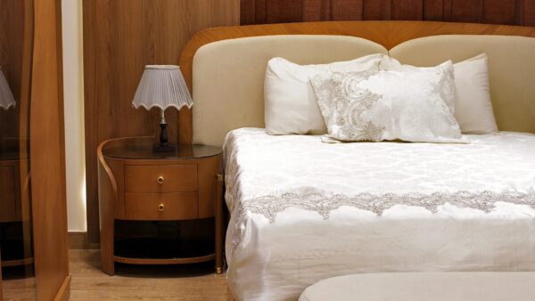 Circle Complete Bedroom Set (Bed with Bench + 2 Nightstands + Large Sliding Wardrobe + Dressing Table with Pouf + Hanger or Full-Length Mirror)