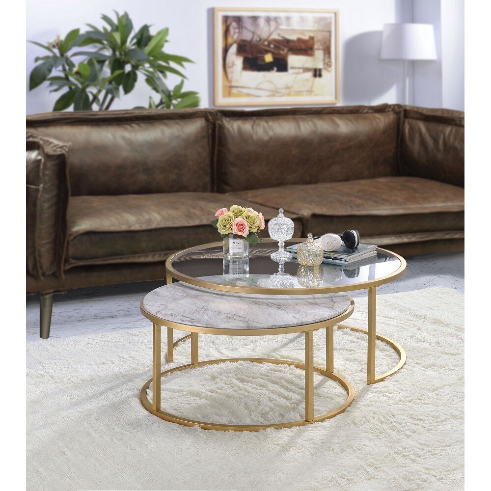 Set of 2 Center Tables Steel & Glass & Carrara Marble CT.5