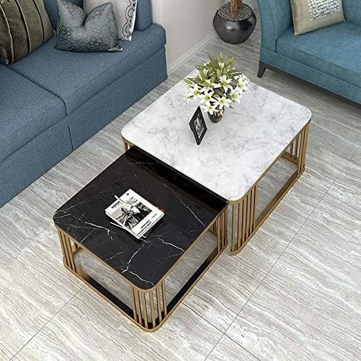 Set of 2 Center Tables Steel & Carrara Marble & Spanish Marble CT.80