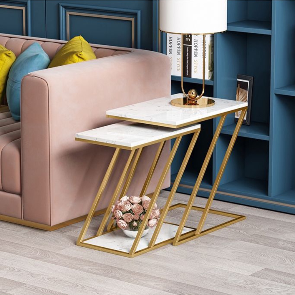 Set of 2 Side Tables Carrara Marble & Steel ST.118
