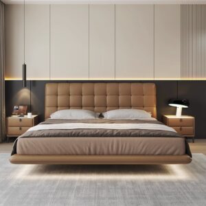Floating Bed With Italian Nappa Leather Upholstery 160×195 cm Mattress Size Hidden Base Design