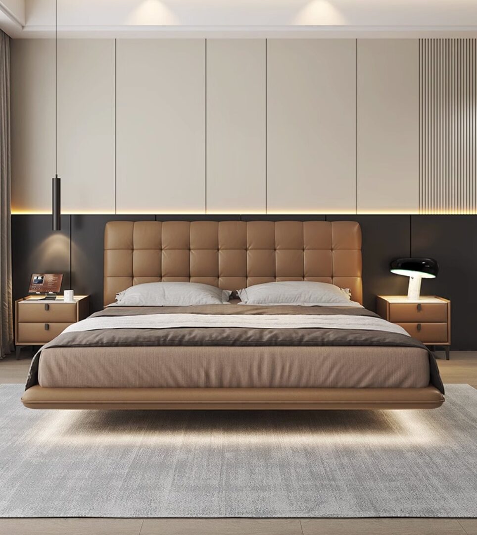 Floating Bed With Italian Nappa Leather Upholstery 160×195 cm Mattress Size Hidden Base Design