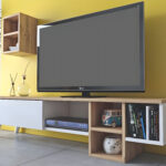 TV Unit 180 Cm White and Wooden With Shelving Section and Storage Door ANT1037
