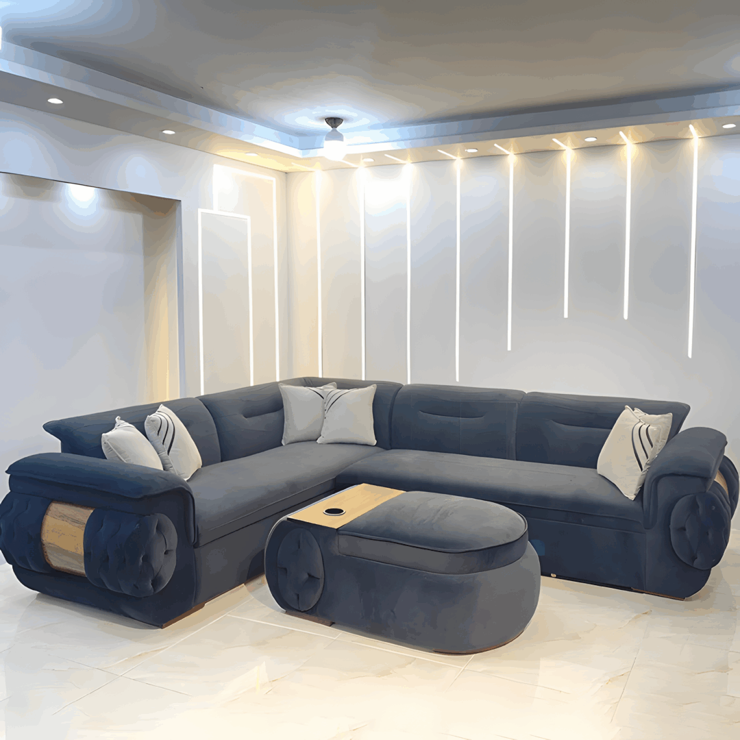 Porto Corner Sofa Set Solid Beechwood  Imported Fabric High-Density Foam 3 Pieces