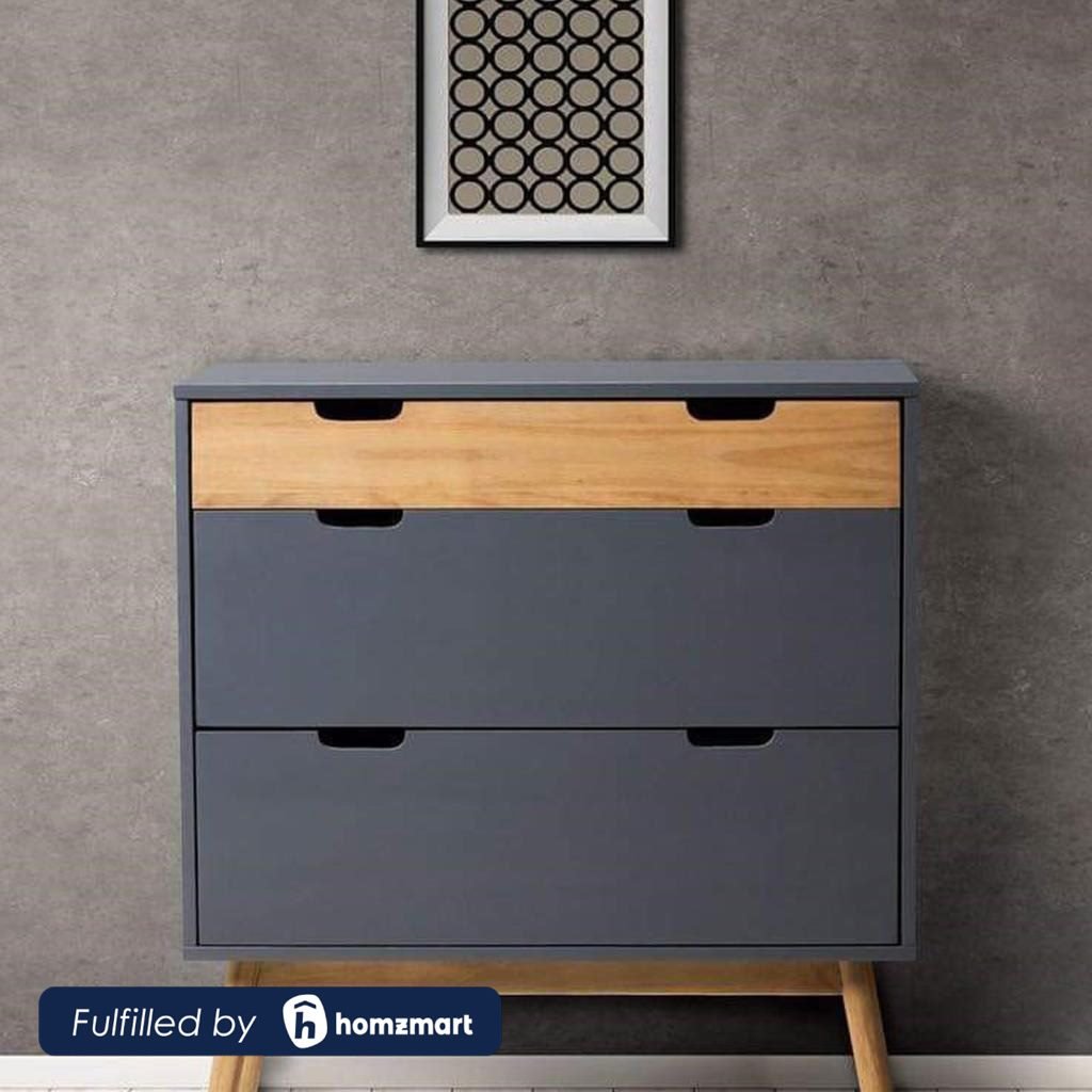 وحدة أدراج بثلاثة أدراج بتصميم عصري باللون الرمادي والخشبي عرض 80
